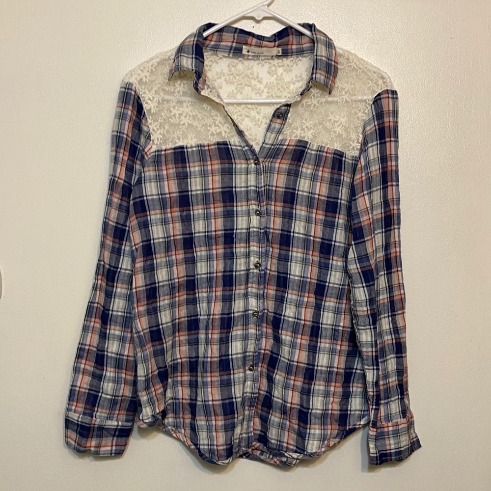 Paper Crane plaid & lace button down shirt, medium - Picture 7 of 7